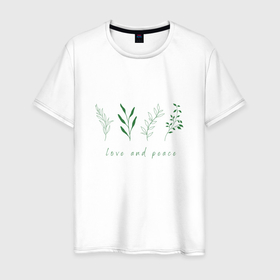 Мужская футболка хлопок с принтом Зеленые растения мир и любовь в Санкт-Петербурге, 100% хлопок | прямой крой, круглый вырез горловины, длина до линии бедер, слегка спущенное плечо. | 