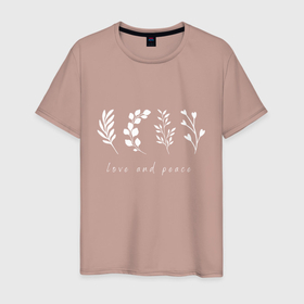 Мужская футболка хлопок с принтом Белые растения love and peace в Тюмени, 100% хлопок | прямой крой, круглый вырез горловины, длина до линии бедер, слегка спущенное плечо. | 