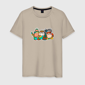 Мужская футболка хлопок с принтом Три хиппи гнома летнее приключение в Курске, 100% хлопок | прямой крой, круглый вырез горловины, длина до линии бедер, слегка спущенное плечо. | Тематика изображения на принте: 