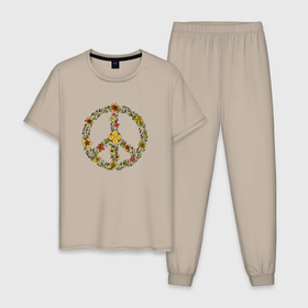 Мужская пижама хлопок с принтом Пацифик знак хиппи цветы , 100% хлопок | брюки и футболка прямого кроя, без карманов, на брюках мягкая резинка на поясе и по низу штанин
 | 