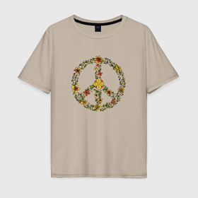 Мужская футболка хлопок Oversize с принтом Пацифик знак хиппи цветы в Санкт-Петербурге, 100% хлопок | свободный крой, круглый ворот, “спинка” длиннее передней части | 