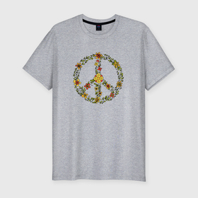 Мужская футболка хлопок Slim с принтом Пацифик знак хиппи цветы в Санкт-Петербурге, 92% хлопок, 8% лайкра | приталенный силуэт, круглый вырез ворота, длина до линии бедра, короткий рукав | 