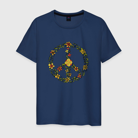 Мужская футболка хлопок с принтом Пацифик знак хиппи цветы в Санкт-Петербурге, 100% хлопок | прямой крой, круглый вырез горловины, длина до линии бедер, слегка спущенное плечо. | 