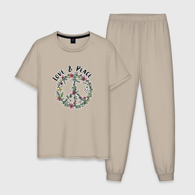 Мужская пижама хлопок с принтом Хиппи знак мира цветочный пастельный peace and love Пацифик в Тюмени, 100% хлопок | брюки и футболка прямого кроя, без карманов, на брюках мягкая резинка на поясе и по низу штанин
 | 