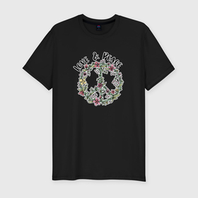 Мужская футболка хлопок Slim с принтом Хиппи знак мира цветочный пастельный peace and love Пацифик в Тюмени, 92% хлопок, 8% лайкра | приталенный силуэт, круглый вырез ворота, длина до линии бедра, короткий рукав | 