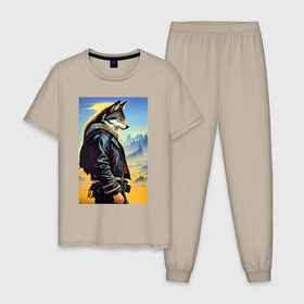 Мужская пижама хлопок с принтом Крутой модный волчара   фантазия в Петрозаводске, 100% хлопок | брюки и футболка прямого кроя, без карманов, на брюках мягкая резинка на поясе и по низу штанин
 | 