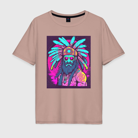 Мужская футболка хлопок Oversize с принтом Модный парень индеец с перьями на голове в Санкт-Петербурге, 100% хлопок | свободный крой, круглый ворот, “спинка” длиннее передней части | 