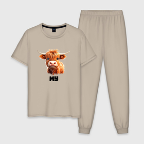 Мужская пижама хлопок с принтом Милый мохнатый теленок в Белгороде, 100% хлопок | брюки и футболка прямого кроя, без карманов, на брюках мягкая резинка на поясе и по низу штанин
 | 
