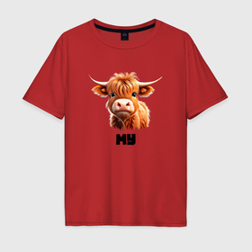 Мужская футболка хлопок Oversize с принтом Милый мохнатый теленок в Белгороде, 100% хлопок | свободный крой, круглый ворот, “спинка” длиннее передней части | 
