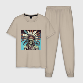 Мужская пижама хлопок с принтом Индеец зомби с перьями на голове в Курске, 100% хлопок | брюки и футболка прямого кроя, без карманов, на брюках мягкая резинка на поясе и по низу штанин
 | 