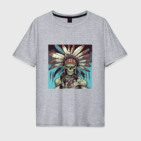 Мужская футболка хлопок Oversize с принтом Индеец зомби с перьями на голове в Санкт-Петербурге, 100% хлопок | свободный крой, круглый ворот, “спинка” длиннее передней части | 