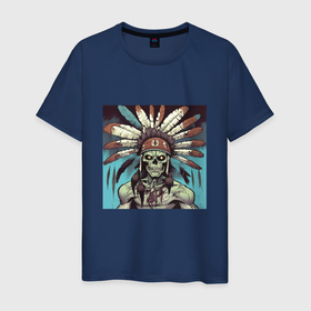 Мужская футболка хлопок с принтом Индеец зомби с перьями на голове в Санкт-Петербурге, 100% хлопок | прямой крой, круглый вырез горловины, длина до линии бедер, слегка спущенное плечо. | 