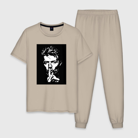 Мужская пижама хлопок с принтом David Bowie   Silence в Тюмени, 100% хлопок | брюки и футболка прямого кроя, без карманов, на брюках мягкая резинка на поясе и по низу штанин
 | Тематика изображения на принте: 