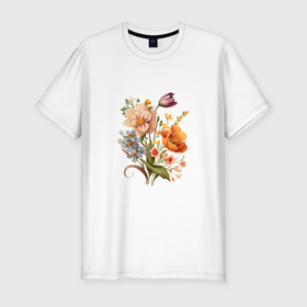 Мужская футболка хлопок Slim с принтом Приятные цветы постельного тона в Новосибирске, 92% хлопок, 8% лайкра | приталенный силуэт, круглый вырез ворота, длина до линии бедра, короткий рукав | 
