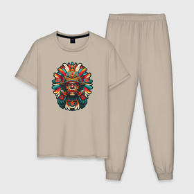 Мужская пижама хлопок с принтом Индеец города ацтеков , 100% хлопок | брюки и футболка прямого кроя, без карманов, на брюках мягкая резинка на поясе и по низу штанин
 | 