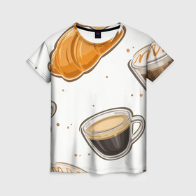 Женская футболка 3D с принтом Круассан и кофе в Екатеринбурге, 100% полиэфир ( синтетическое хлопкоподобное полотно) | прямой крой, круглый вырез горловины, длина до линии бедер | Тематика изображения на принте: 
