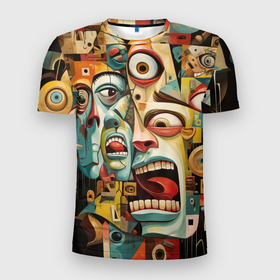 Мужская футболка 3D Slim с принтом Живопись с лицами в стиле Пабло Пикассо в Новосибирске, 100% полиэстер с улучшенными характеристиками | приталенный силуэт, круглая горловина, широкие плечи, сужается к линии бедра | 