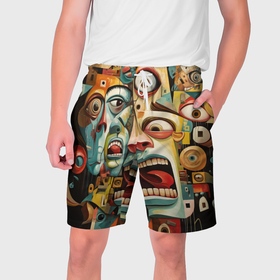 Мужские шорты 3D с принтом Живопись с лицами в стиле Пабло Пикассо в Тюмени,  полиэстер 100% | прямой крой, два кармана без застежек по бокам. Мягкая трикотажная резинка на поясе, внутри которой широкие завязки. Длина чуть выше колен | 