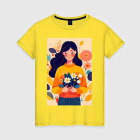 Женская футболка хлопок с принтом Милый портрет девушки с цветами   нейросеть , 100% хлопок | прямой крой, круглый вырез горловины, длина до линии бедер, слегка спущенное плечо | 