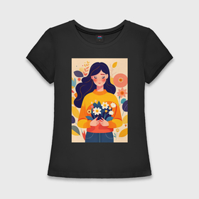 Женская футболка хлопок Slim с принтом Милый портрет девушки с цветами   нейросеть в Курске,  |  | 