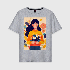 Женская футболка хлопок Oversize с принтом Милый портрет девушки с цветами   нейросеть в Новосибирске, 100% хлопок | свободный крой, круглый ворот, спущенный рукав, длина до линии бедер
 | 