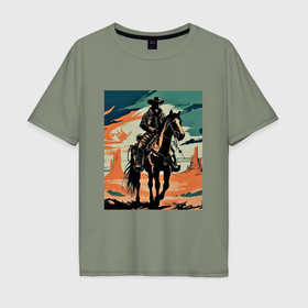 Мужская футболка хлопок Oversize с принтом Ковбой на лошади , 100% хлопок | свободный крой, круглый ворот, “спинка” длиннее передней части | Тематика изображения на принте: 