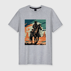 Мужская футболка хлопок Slim с принтом Ковбой на лошади , 92% хлопок, 8% лайкра | приталенный силуэт, круглый вырез ворота, длина до линии бедра, короткий рукав | Тематика изображения на принте: 