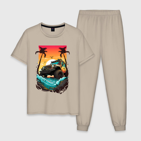 Мужская пижама хлопок с принтом Джип арт в Кировске, 100% хлопок | брюки и футболка прямого кроя, без карманов, на брюках мягкая резинка на поясе и по низу штанин
 | 