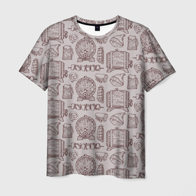 Мужская футболка 3D с принтом Паттерн с деревянной кружкой и шашлыком в стиле крафт в Петрозаводске, 100% полиэфир | прямой крой, круглый вырез горловины, длина до линии бедер | 