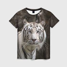 Женская футболка 3D с принтом Белый тигр спокоен , 100% полиэфир ( синтетическое хлопкоподобное полотно) | прямой крой, круглый вырез горловины, длина до линии бедер | 
