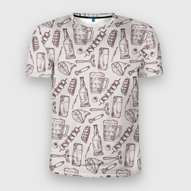 Мужская футболка 3D Slim с принтом Паттерн с стеклянной кружкой и шашлыком в стиле крафт в Тюмени, 100% полиэстер с улучшенными характеристиками | приталенный силуэт, круглая горловина, широкие плечи, сужается к линии бедра | 