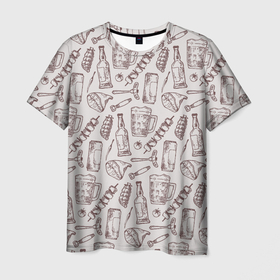 Мужская футболка 3D с принтом Паттерн с стеклянной кружкой и шашлыком в стиле крафт в Санкт-Петербурге, 100% полиэфир | прямой крой, круглый вырез горловины, длина до линии бедер | 