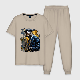 Мужская пижама хлопок с принтом Чернокожий саксофонист в Петрозаводске, 100% хлопок | брюки и футболка прямого кроя, без карманов, на брюках мягкая резинка на поясе и по низу штанин
 | 