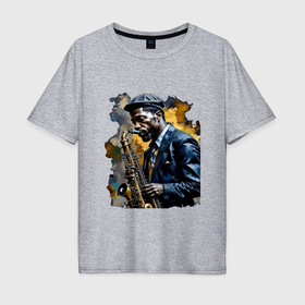 Мужская футболка хлопок Oversize с принтом Чернокожий саксофонист в Новосибирске, 100% хлопок | свободный крой, круглый ворот, “спинка” длиннее передней части | 