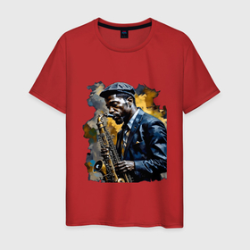 Мужская футболка хлопок с принтом Чернокожий саксофонист в Тюмени, 100% хлопок | прямой крой, круглый вырез горловины, длина до линии бедер, слегка спущенное плечо. | 