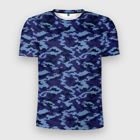 Мужская футболка 3D Slim с принтом Камуфляж охрана синий в Кировске, 100% полиэстер с улучшенными характеристиками | приталенный силуэт, круглая горловина, широкие плечи, сужается к линии бедра | 