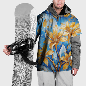 Накидка на куртку 3D с принтом Золотые цветы на голубом фоне , 100% полиэстер |  | 