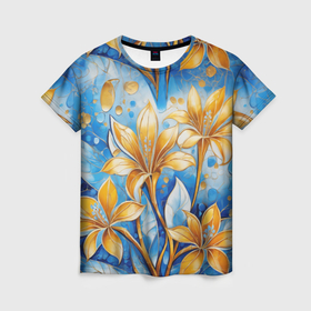 Женская футболка 3D с принтом Золотые цветы на голубом фоне в Курске, 100% полиэфир ( синтетическое хлопкоподобное полотно) | прямой крой, круглый вырез горловины, длина до линии бедер | 