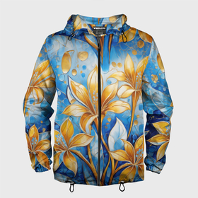 Мужская ветровка 3D с принтом Золотые цветы на голубом фоне в Курске, 100% полиэстер | подол и капюшон оформлены резинкой с фиксаторами, два кармана без застежек по бокам, один потайной карман на груди | 