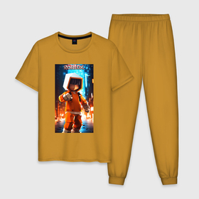 Мужская пижама хлопок с принтом Roblox orange man в Петрозаводске, 100% хлопок | брюки и футболка прямого кроя, без карманов, на брюках мягкая резинка на поясе и по низу штанин
 | 