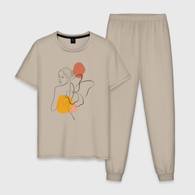 Мужская пижама хлопок с принтом Девушка с крыльями линиями лайн арт в Тюмени, 100% хлопок | брюки и футболка прямого кроя, без карманов, на брюках мягкая резинка на поясе и по низу штанин
 | 