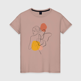 Женская футболка хлопок с принтом Девушка с крыльями линиями лайн арт в Новосибирске, 100% хлопок | прямой крой, круглый вырез горловины, длина до линии бедер, слегка спущенное плечо | 