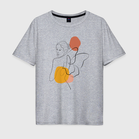Мужская футболка хлопок Oversize с принтом Девушка с крыльями линиями лайн арт в Санкт-Петербурге, 100% хлопок | свободный крой, круглый ворот, “спинка” длиннее передней части | 
