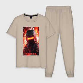 Мужская пижама хлопок с принтом Black Roblox game в Санкт-Петербурге, 100% хлопок | брюки и футболка прямого кроя, без карманов, на брюках мягкая резинка на поясе и по низу штанин
 | 