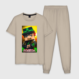 Мужская пижама хлопок с принтом Roblox green man в Петрозаводске, 100% хлопок | брюки и футболка прямого кроя, без карманов, на брюках мягкая резинка на поясе и по низу штанин
 | 