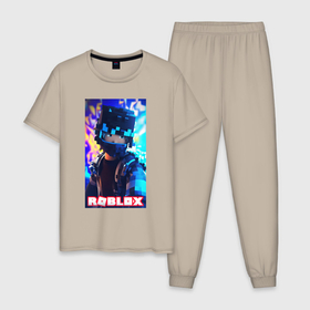 Мужская пижама хлопок с принтом Roblox cyberpunk style , 100% хлопок | брюки и футболка прямого кроя, без карманов, на брюках мягкая резинка на поясе и по низу штанин
 | Тематика изображения на принте: 