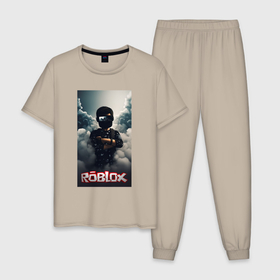 Мужская пижама хлопок с принтом Roblox dark  man , 100% хлопок | брюки и футболка прямого кроя, без карманов, на брюках мягкая резинка на поясе и по низу штанин
 | 