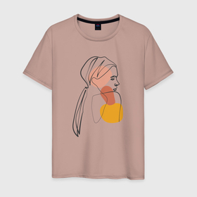 Мужская футболка хлопок с принтом Девушка линиями лайн арт в Екатеринбурге, 100% хлопок | прямой крой, круглый вырез горловины, длина до линии бедер, слегка спущенное плечо. | 