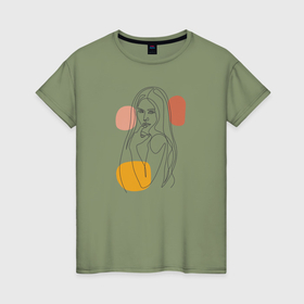Женская футболка хлопок с принтом Симпатичная девушка линиями лайн арт в Екатеринбурге, 100% хлопок | прямой крой, круглый вырез горловины, длина до линии бедер, слегка спущенное плечо | 