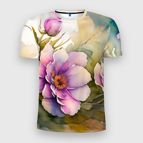 Мужская футболка 3D Slim с принтом Нежные цветы в акварельной технике в Белгороде, 100% полиэстер с улучшенными характеристиками | приталенный силуэт, круглая горловина, широкие плечи, сужается к линии бедра | Тематика изображения на принте: 